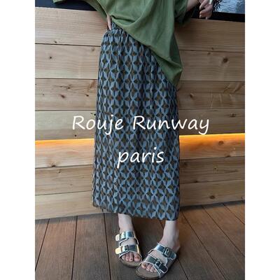 Rouje Runway夏新款显瘦高腰复古星星花纹小个子松紧腰开叉半身裙