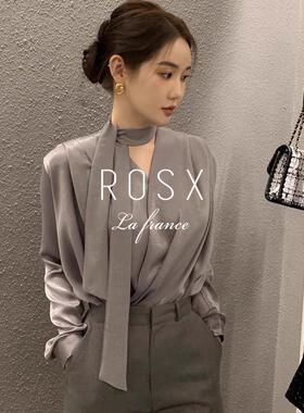 ROSX法式高级感轻奢醋酸缎面衬衫女秋季新款减龄洋气飘带V领衬衣