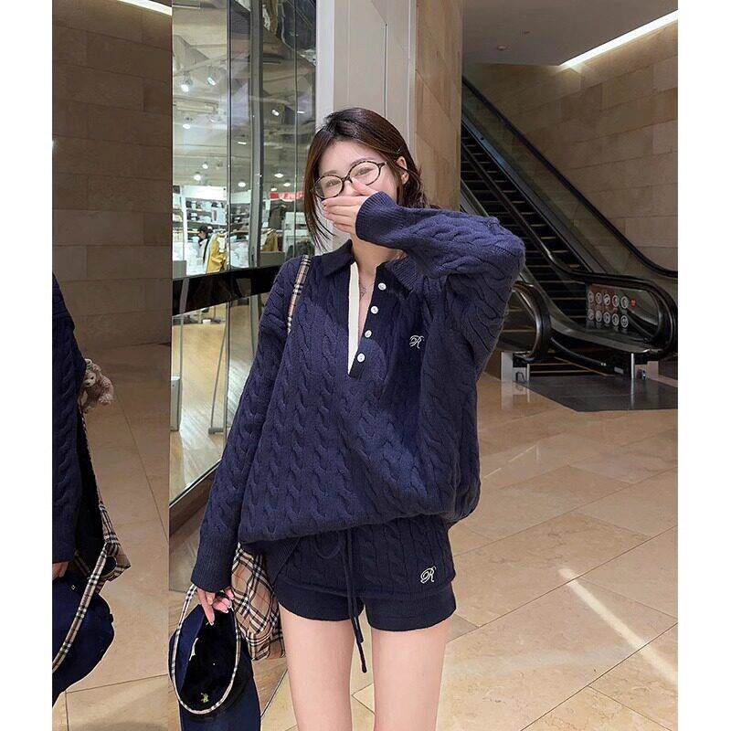 法国Rixo Kelly宽松高级感麻花藏青色毛衣女高腰修身抽绳针织短裤