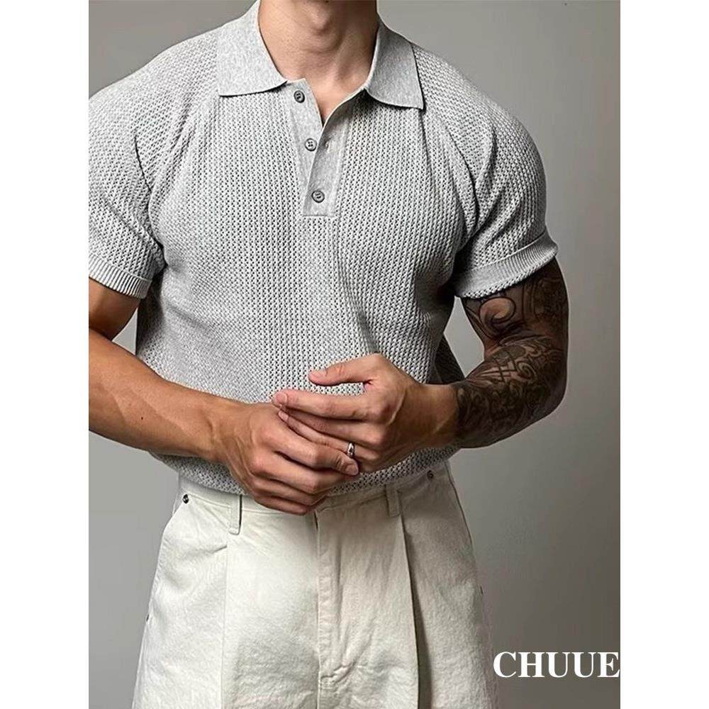 CHUUE/美式修身显肌肉POLO衫针织T恤蜂窝纹镂空翻领短袖男款