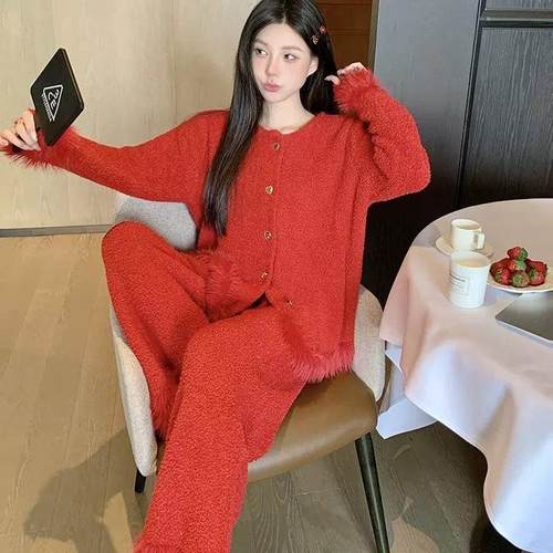 凛冬的玫瑰！！Orange Sea！高级感纯色半边绒睡衣女冬季新年套装