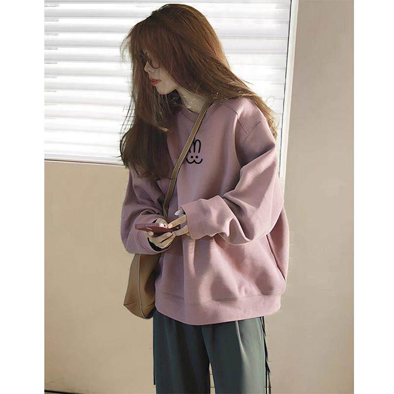 欧洲站粉色宽松圆领卫衣女2025新款春秋冬加绒加厚慵懒风长袖上衣