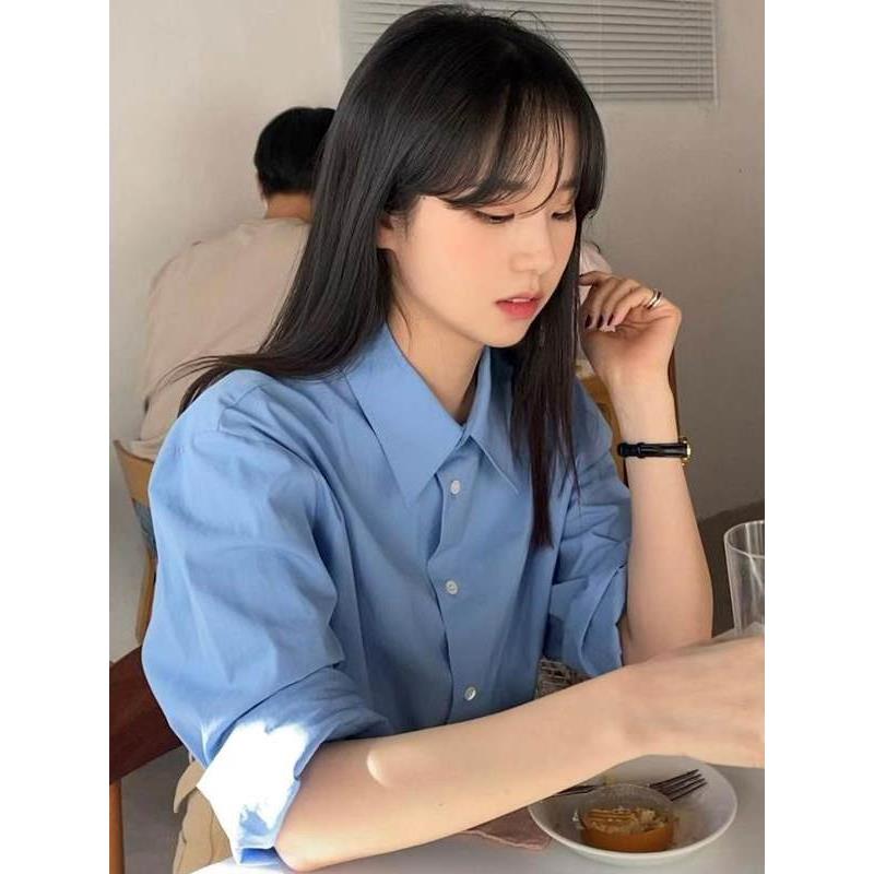 NextMary蓝色宽松休闲长袖衬衫女春季百搭衬衣通勤纯棉内搭上衣