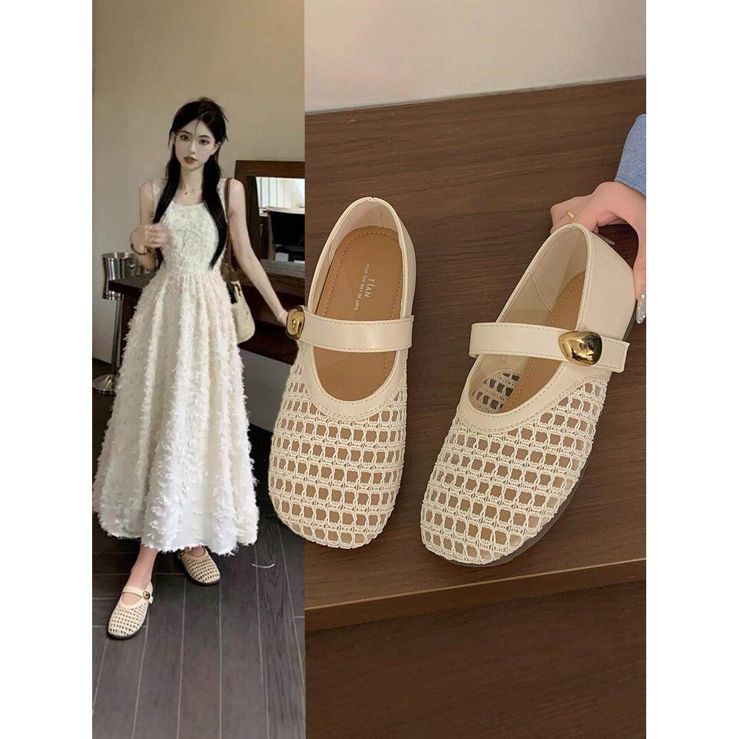 英国真皮平底玛丽珍单鞋女春夏季2026新款配裙子镂空渔网勃肯凉鞋