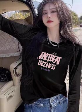韩国黑色长袖T恤女正肩2025春秋新款休闲慵懒风洋气印花百搭上衣