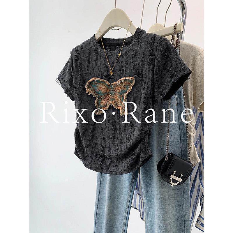 法国Rixo Rane重磅推荐?法式灰色蝴蝶正肩短袖t恤设计感小众上衣