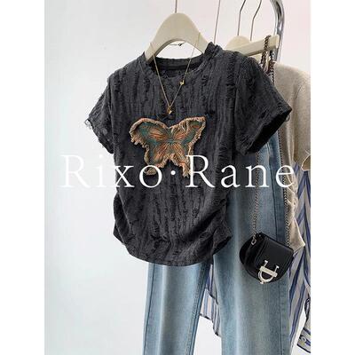 法国Rixo Rane重磅推荐?法式灰色蝴蝶正肩短袖t恤设计感小众上衣