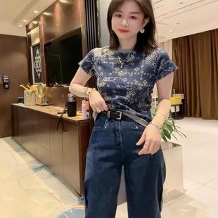 拼色正肩圆领上衣 T恤女百搭修身 法国Rouje Dsyle复古老花纯棉短袖