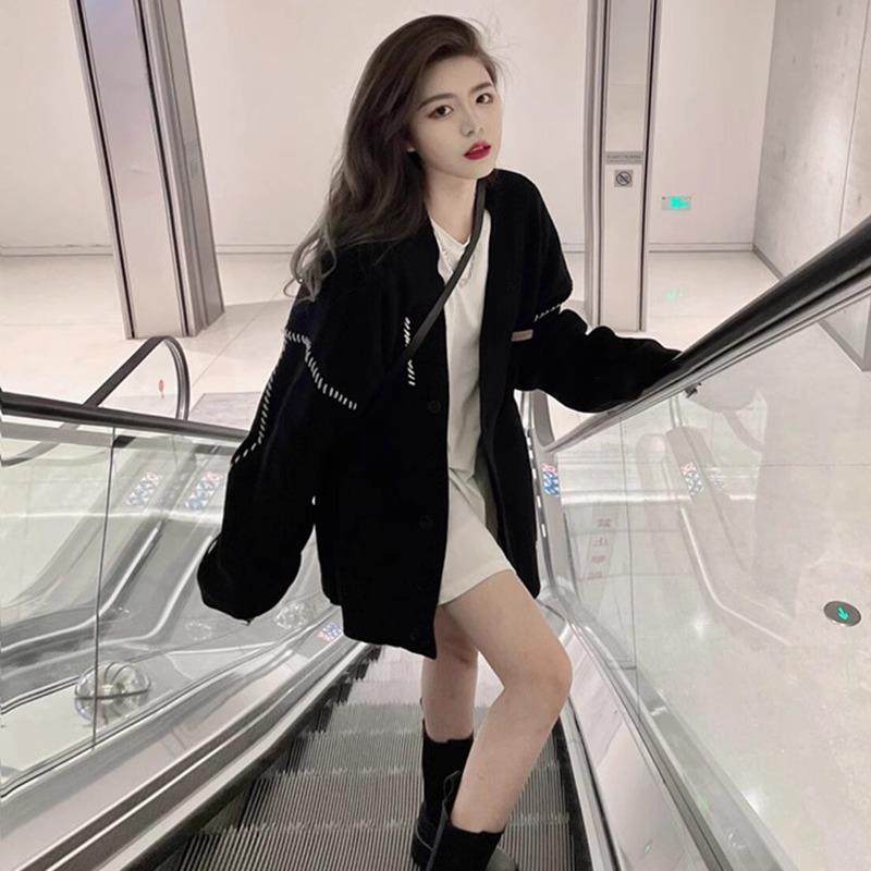 欧洲站2025秋冬新款覆古慵懒风针织开 衫小众设计感宽松毛衣外套