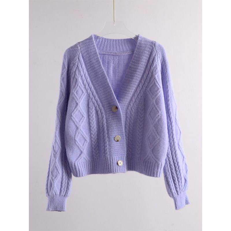 紫色毛衣开衫女2025秋冬季新款小个子短款宽松外搭慵懒风针织外套