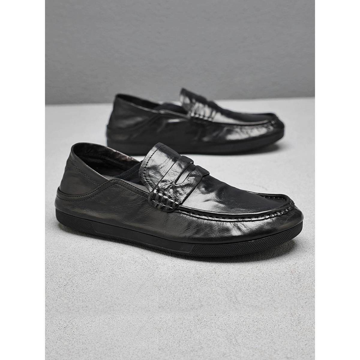 香港潮牌休闲豆豆鞋男2025春季新款一脚蹬乐福鞋真皮软底商务皮鞋