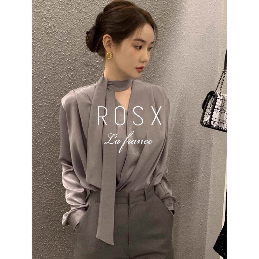 ROSX法式高级感轻奢醋酸缎面衬衫女秋季新款减龄洋气飘带V领衬衣