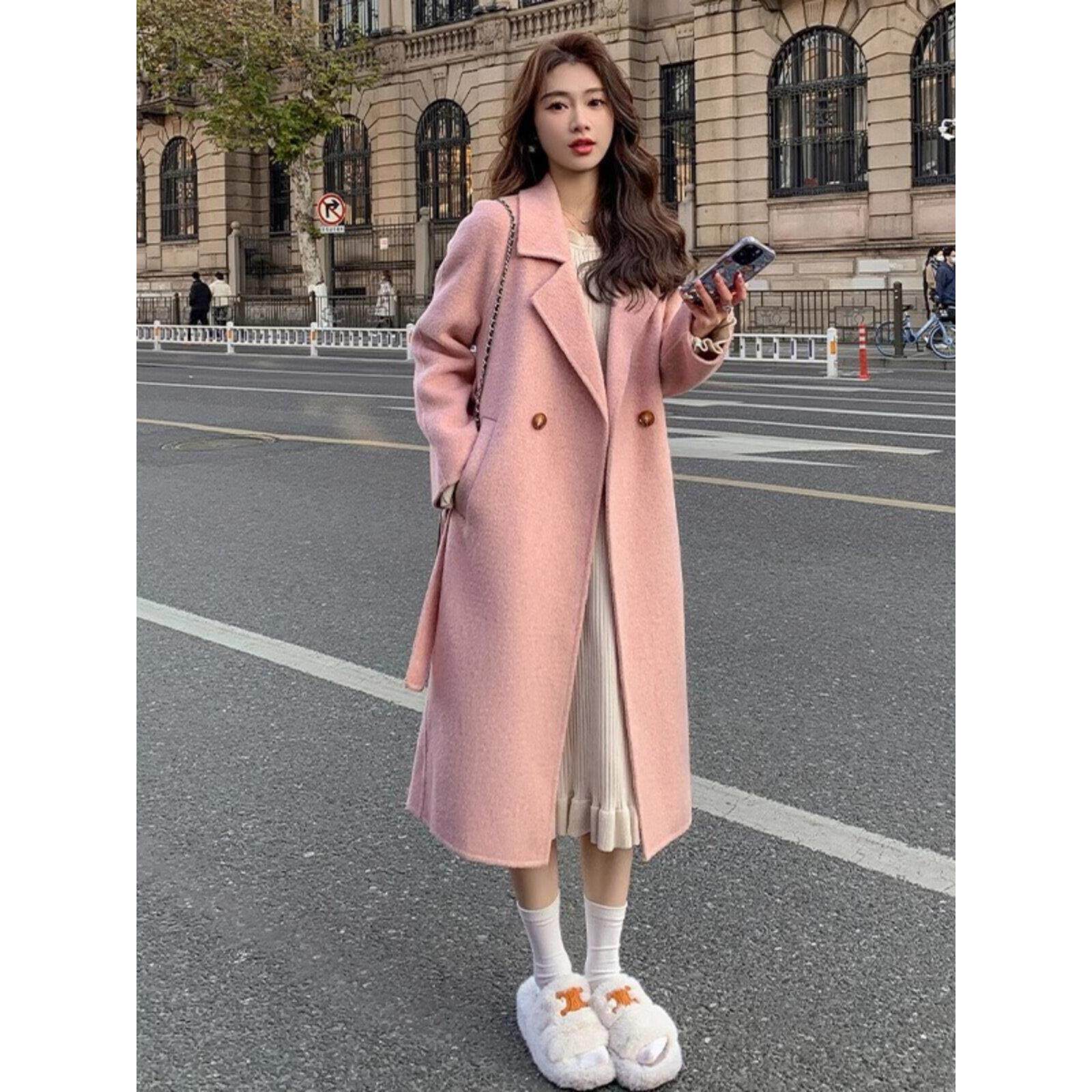 妤朵丽茉中长款双面羊绒大衣女春秋冬新款韩版宽松气质毛呢外套