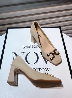 A.D Hepburn~法式气质方头软皮高跟鞋2024年新款金属扣粗跟单鞋女