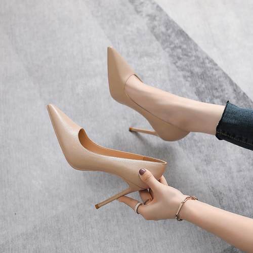 裸色高跟鞋女细跟尖头气质性感百搭通勤职业软皮法式真皮女鞋单鞋