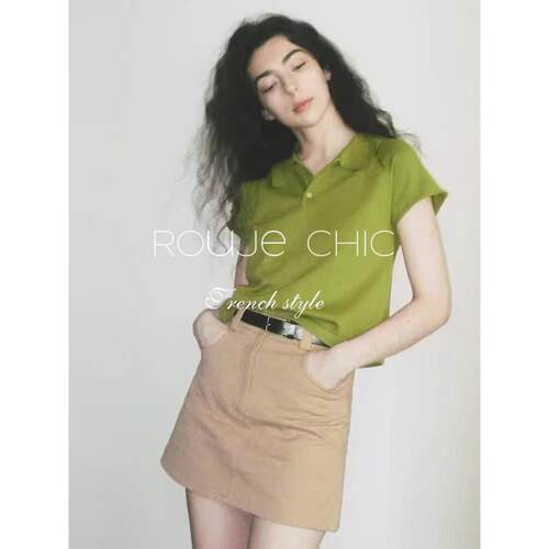 rouje chic法式牛油果绿色Polo领短袖冰丝针织衫T恤女夏小众上衣