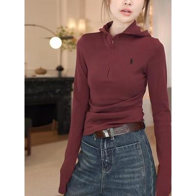 JOMGNE纯色半拉炼连帽长袖T恤女2025新款时尚修身百搭显瘦上衣秋