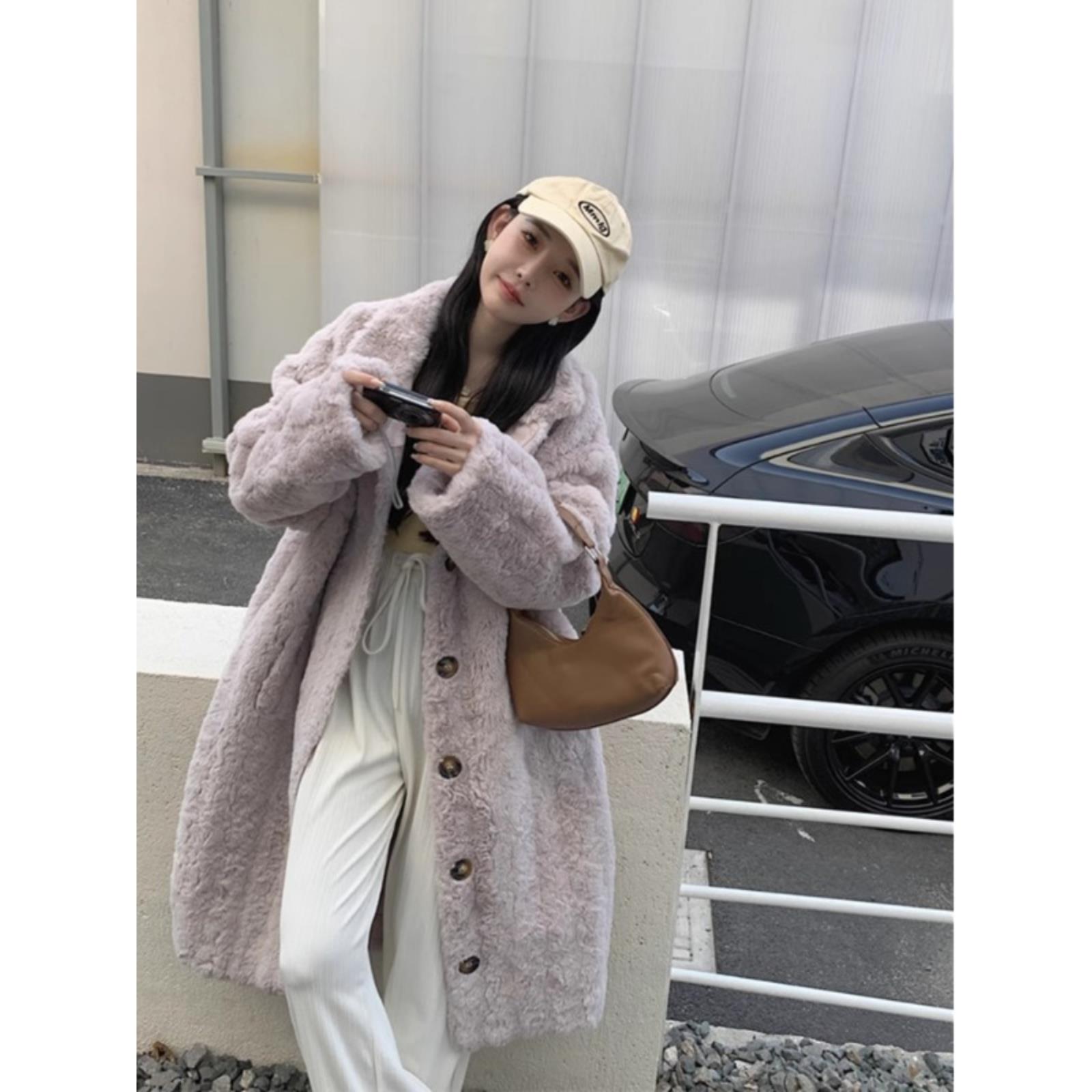 CHLENADY长款羊羔毛外套女秋冬皮毛一体加厚洋气立领兔毛皮草大衣