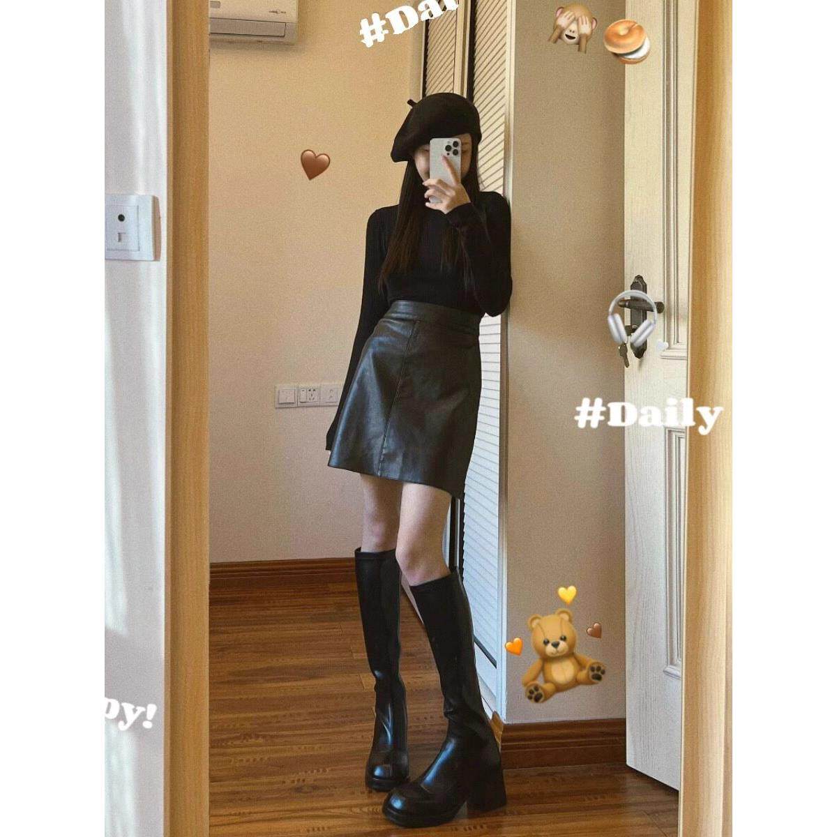 黑色真皮皮裙半身裙女绵羊皮2025年冬季新款遮胯显瘦百搭A字短裙