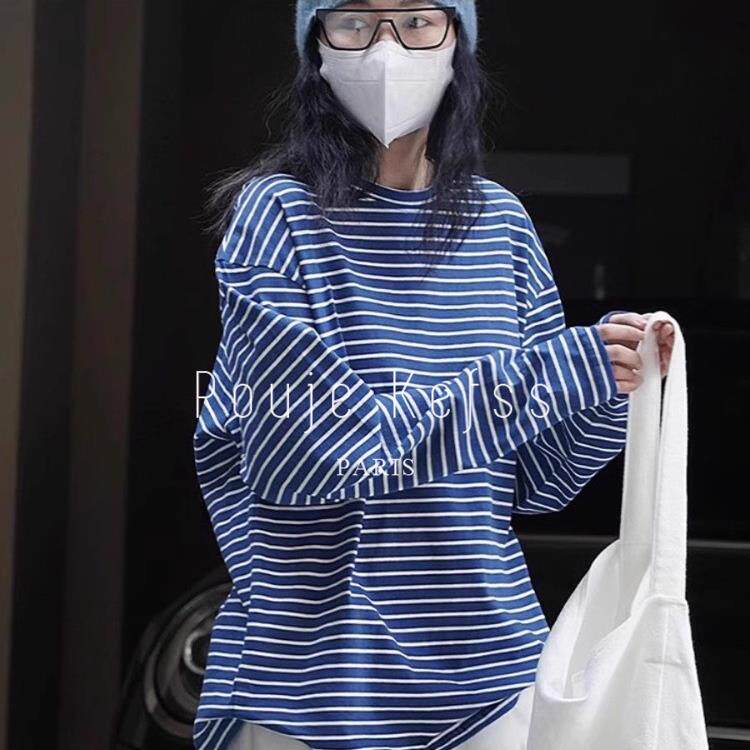 rouje kefss法式覆古蓝白撞色条纹正肩t恤女秋季休闲圆领打底上衣