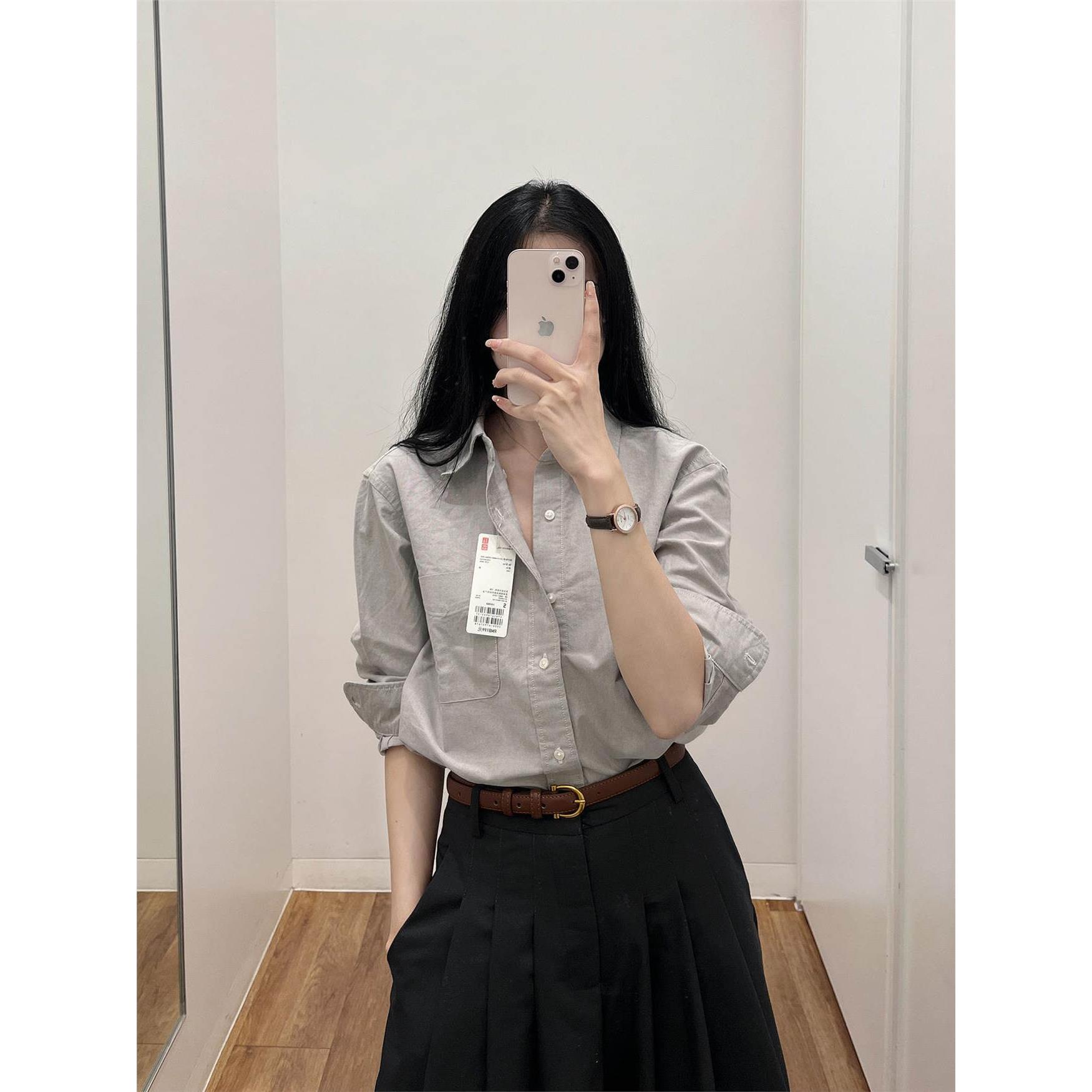韩国NextMary高级感灰色长袖衬衫女宽松显瘦内搭上衣纯棉翻领衬衣