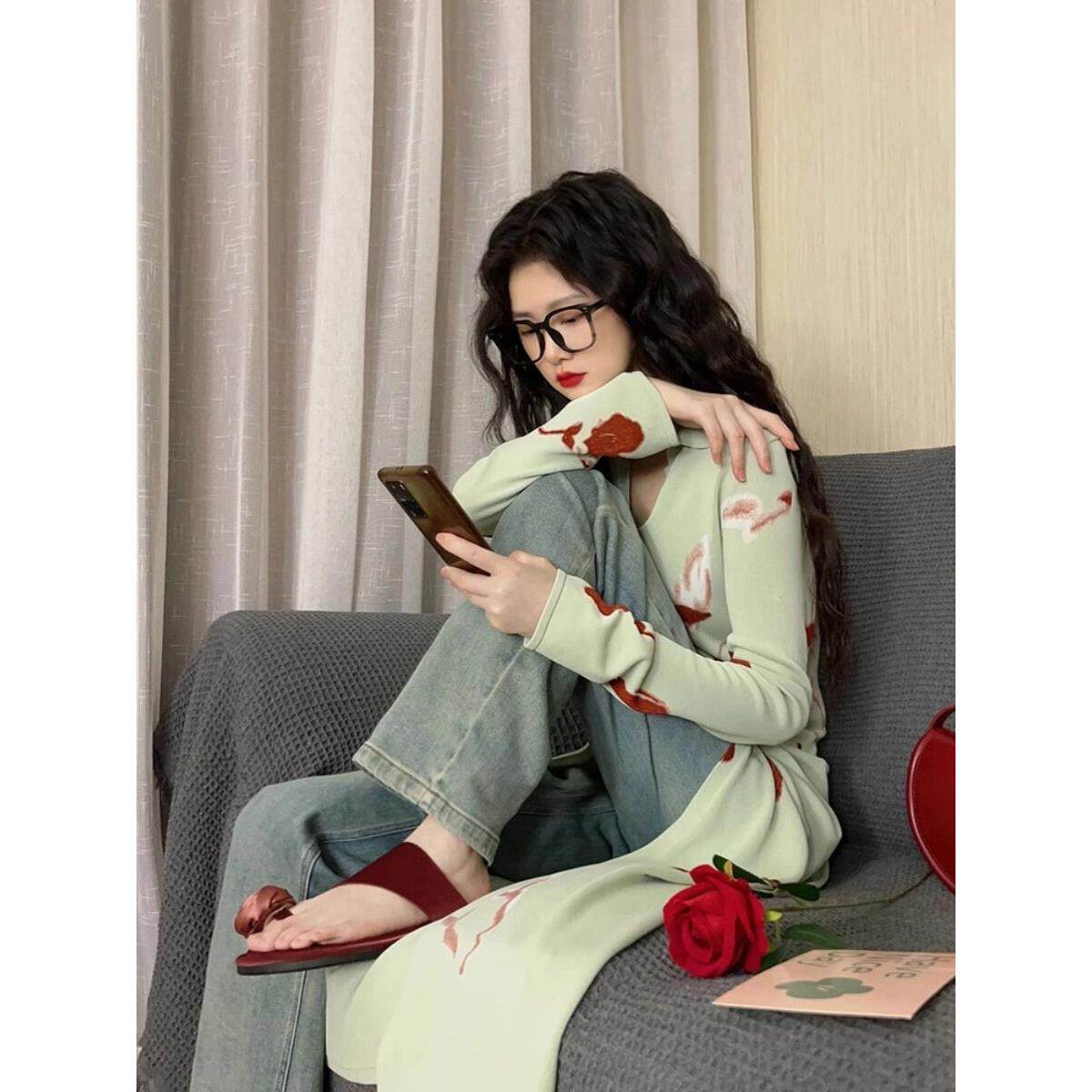 法式rouje damas薄款针织开衫女薄荷绿新中式V领撞色修身长款上衣