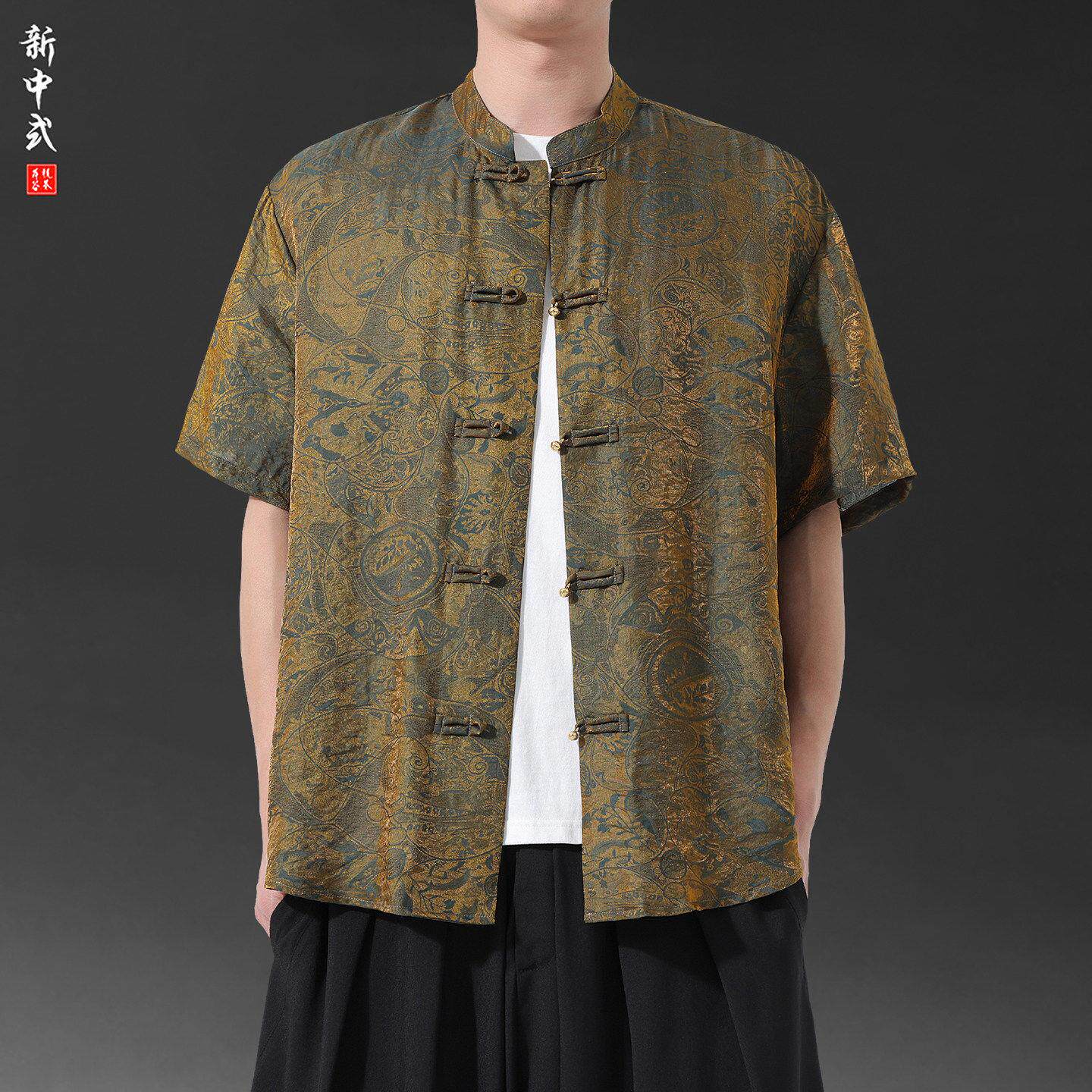 国风复古提花唐装短袖衬衫男2026新款对襟中山装半袖茶服中袖上衣