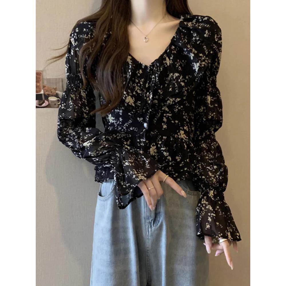 早春女子加码印花长袖衬衫胖毫米设计别致v领短泡芙袖上衣