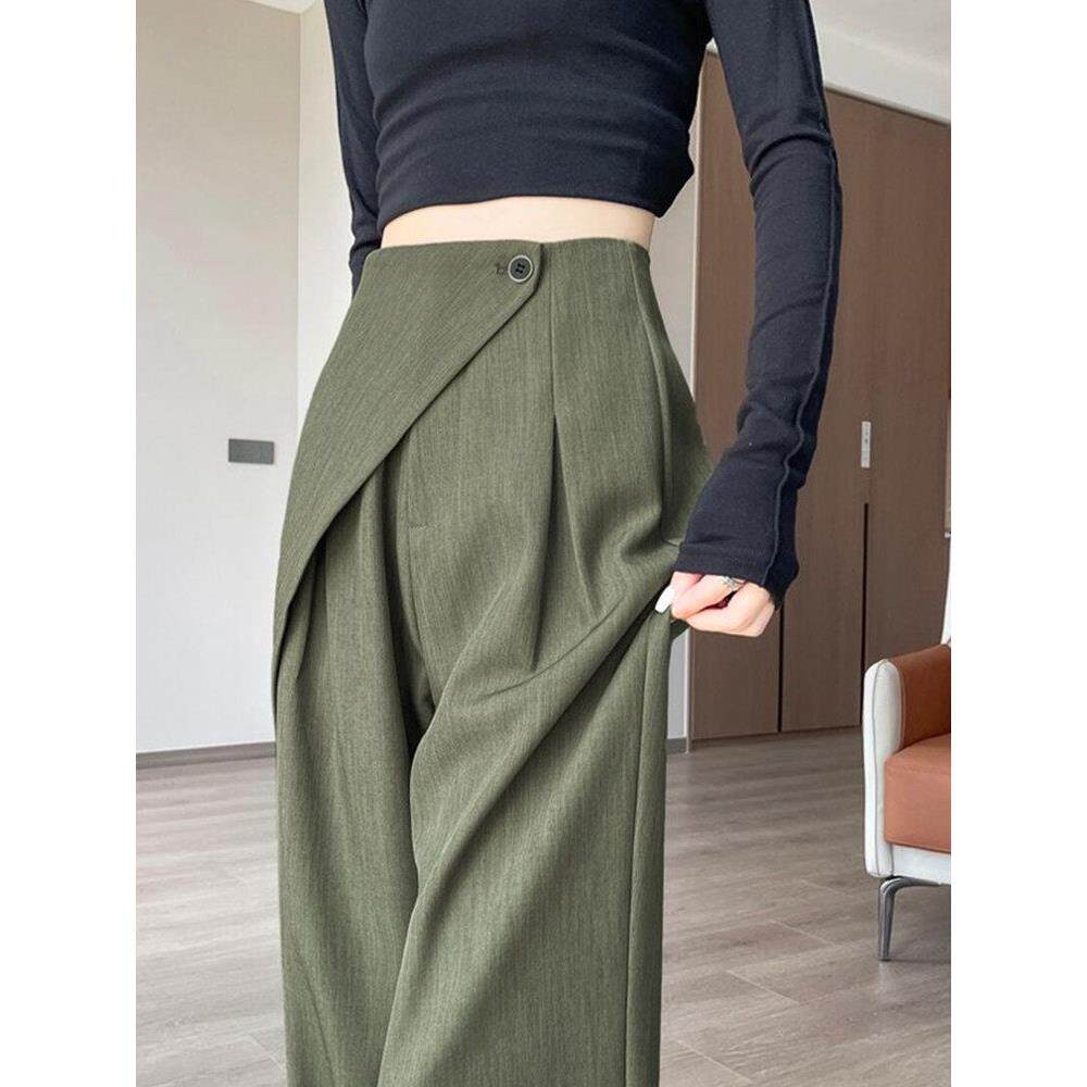 军绿色不规则拼接窄版西装裤女春秋高腰直筒休闲小众宽松阔腿裤