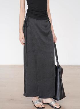 韩国黑色新中国风彷醋酸女裙2025春秋季新设计小众中长裙