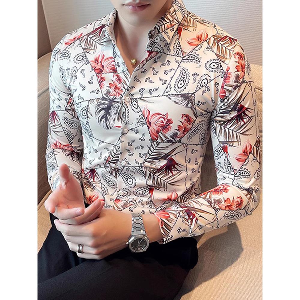香港男士花衬衫长袖2025新款高级感痞帅上衣韩版修身休闲印花衬衣