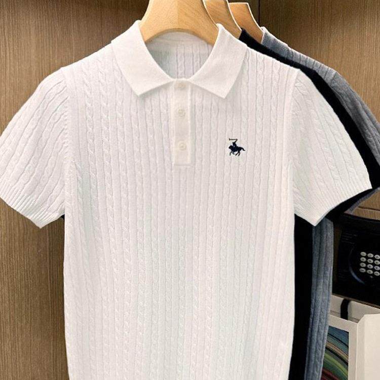 英伦复古高档针织polo衫男士短袖夏季薄款时尚刺绣修身翻领毛衣男