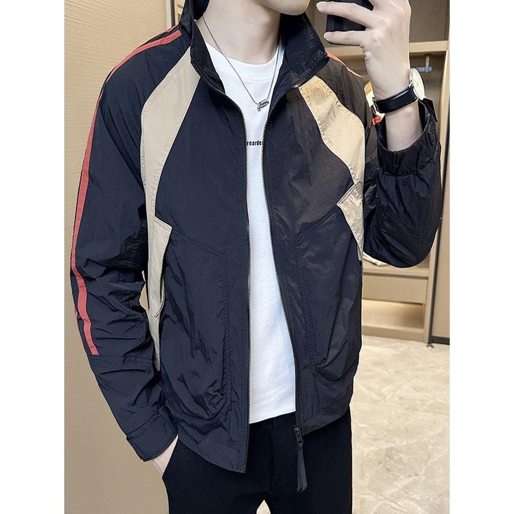 潮牌秋季外套男春秋款男装新款潮流痞帅拼色立领夹克秋装上衣