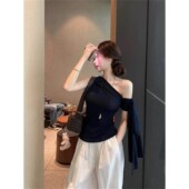 内搭纯欲风设计感露肩上衣 无袖 甜辣藏青色斜肩飘带T恤女夏季 新款