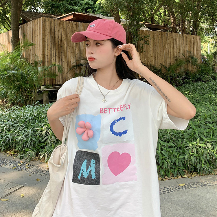 夏短袖纯棉大码女粉色韩版时尚潮流新款印花宽松圆领上衣t恤