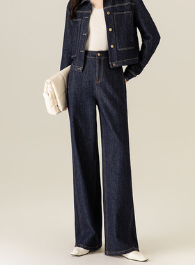 深蓝色短款牛仔外套女工装风韩版休闲口袋上衣秋冬新款显瘦阔腿裤