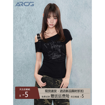 ARCG黑色斜肩露肩短袖t恤女夏季设计感收腰紧身修身辣妹短款上衣