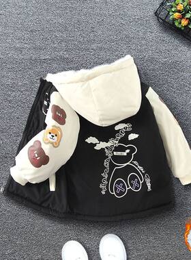 中小童男童2024冬装卡通小熊连帽加绒外套女童可爱印花收腰棉服潮