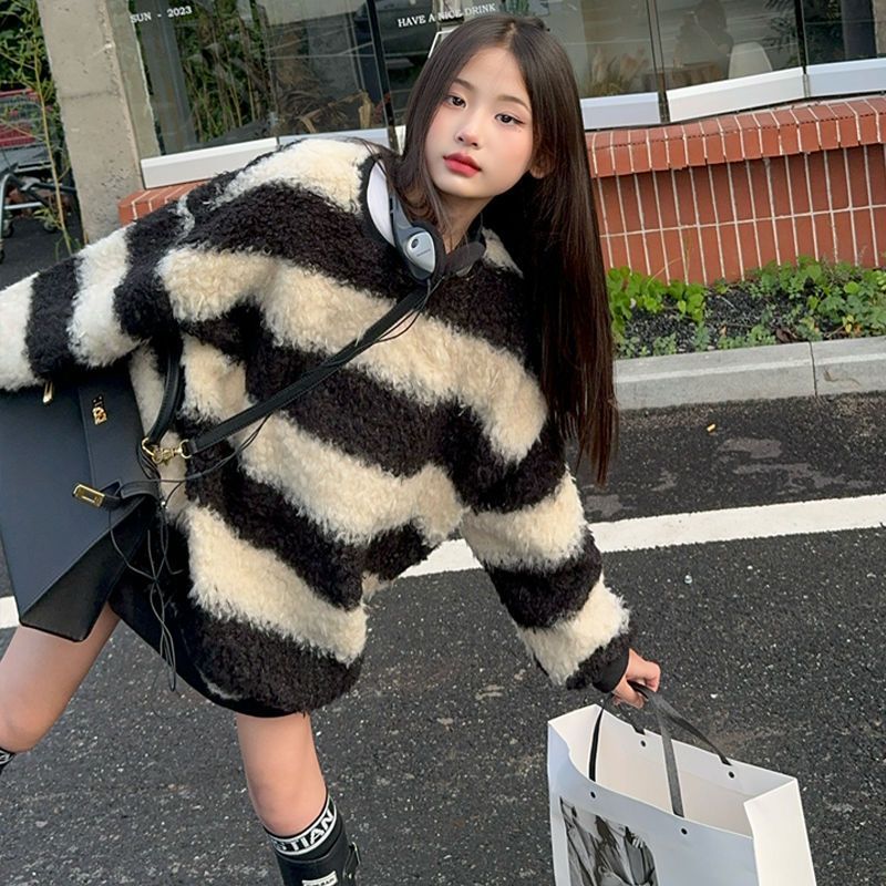 女童毛毛衣外套秋冬款2024新款女孩儿童夹棉加厚羊羔绒上衣秋冬装图片
