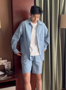 Y2NG轻薄透气防晒套装可拆卸帽子长袖衬衫防晒宽松运动速干短裤