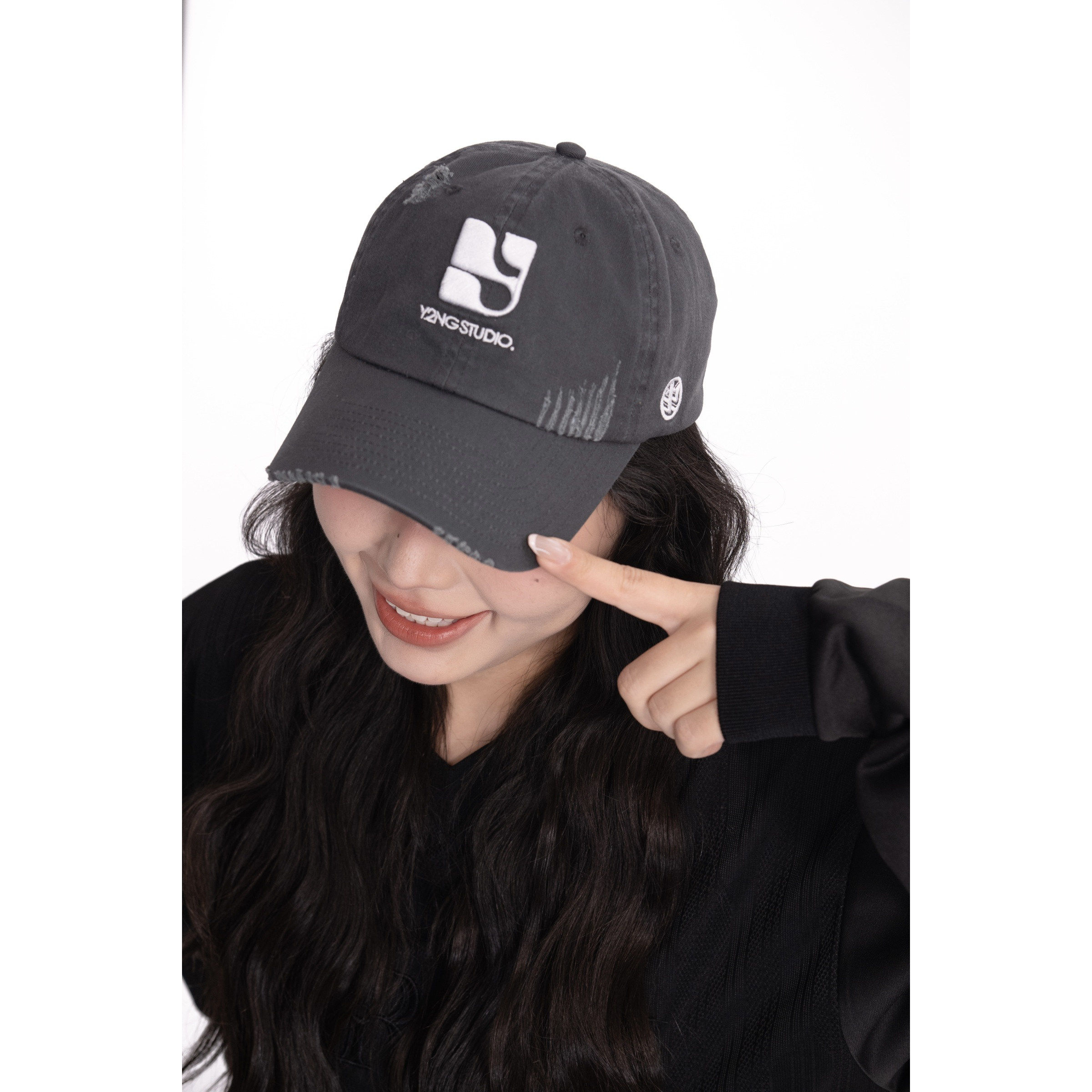 Y2NG做旧水洗破坏鸭舌帽刺绣圆顶弯檐复古棒球帽