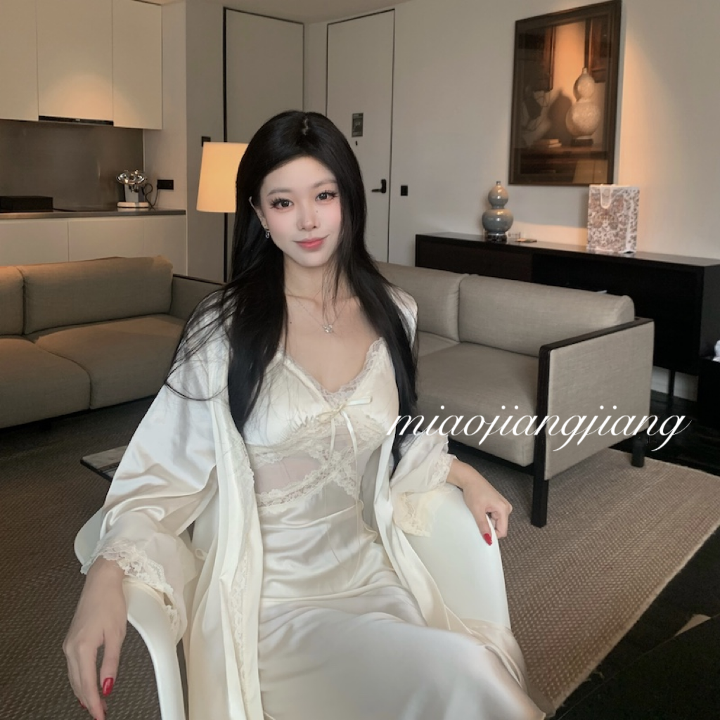 喵酱酱*奶油玫瑰 性感吊带睡裙女冰丝春夏蕾丝带胸垫晨睡袍纯欲风