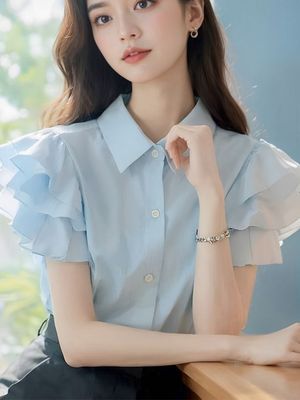 欧货漂亮时尚休闲气质高级感超好看上衣蓝色荷叶边短袖衬衫女夏季