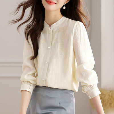 新中式国风刺绣长袖立领衬衫女简单大气衬衣2025春季新款上衣潮流