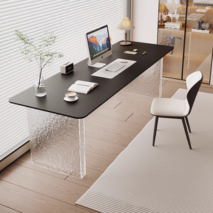 岩板书桌黑色诧寂风沙发后双人长条电脑桌石头纹亚克力办公台桌子