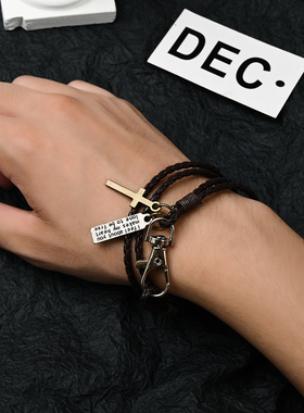 Vintage古着皮绳十字架方牌手链