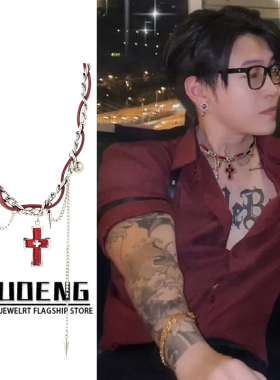 暗黑十字架铆钉绯红项链小众设计