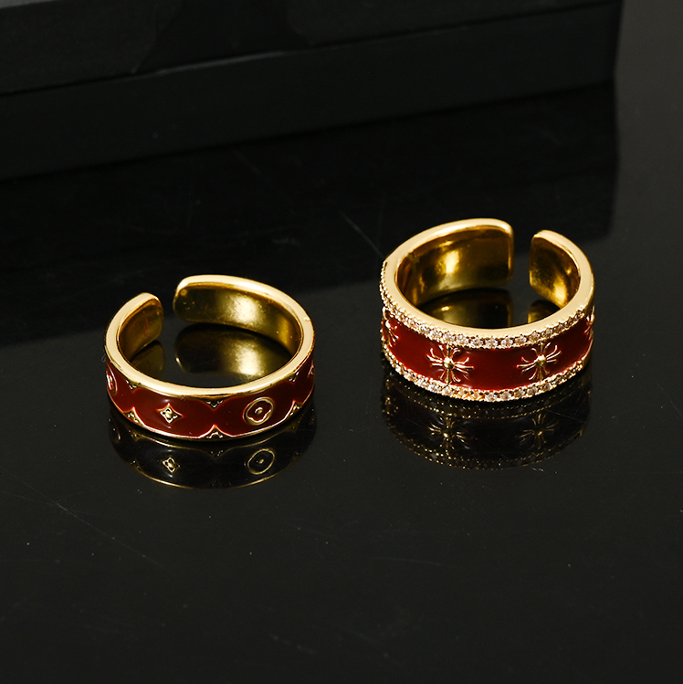 复古克罗老花酒红金色十字花戒指