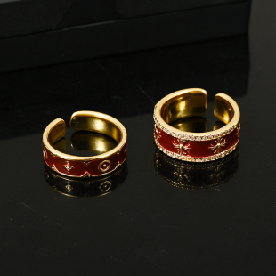 复古克罗老花酒红金色十字花戒指女小众设计男食指戒新款指环新款