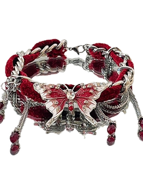 红色蝴蝶项圈小众夸张流苏项链女